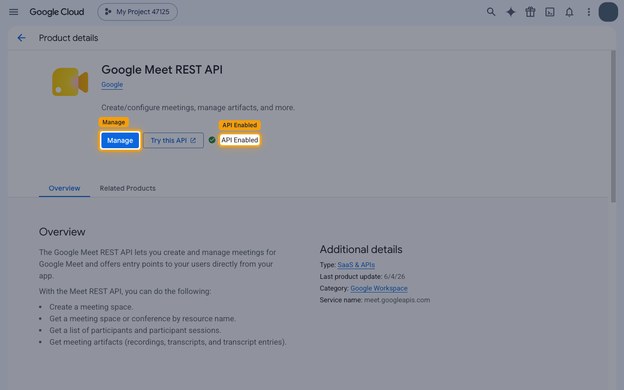 Google Meet REST API product page showing the Manage button and API Enabled status