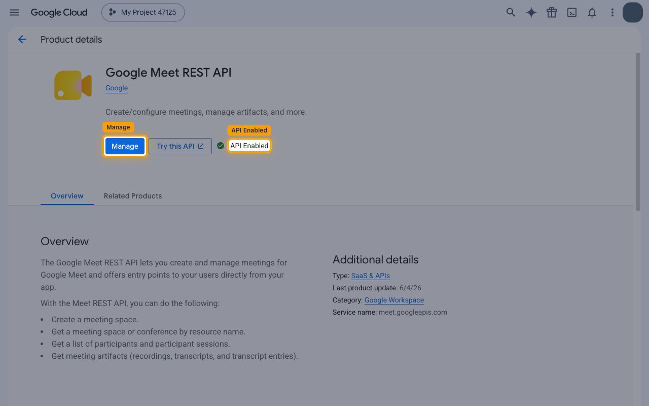 Google Meet REST API product page showing the Manage button and API Enabled status