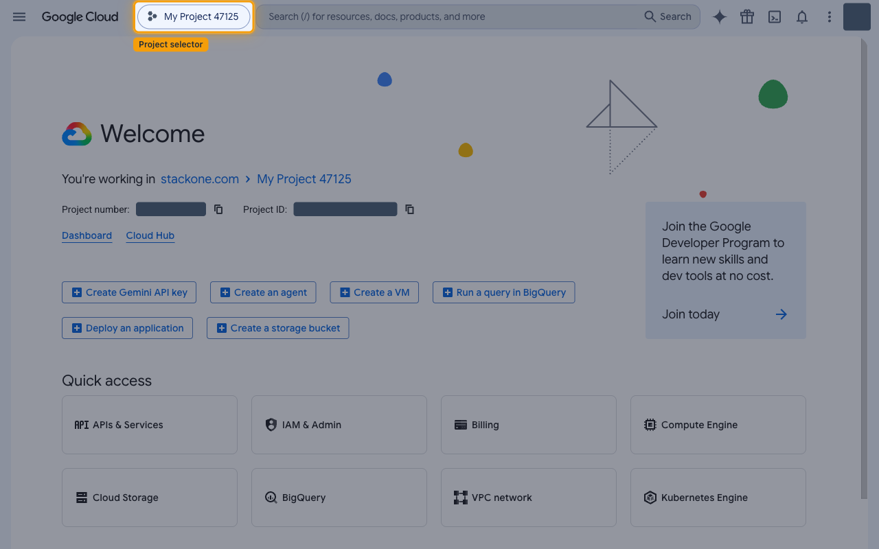 Google Cloud console welcome page with the project selector highlighted in the top bar
