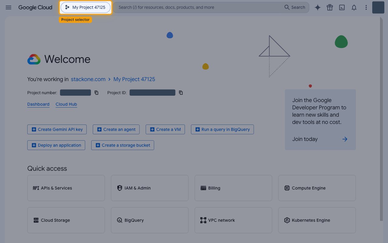 Google Cloud console welcome page with the project selector highlighted in the top bar