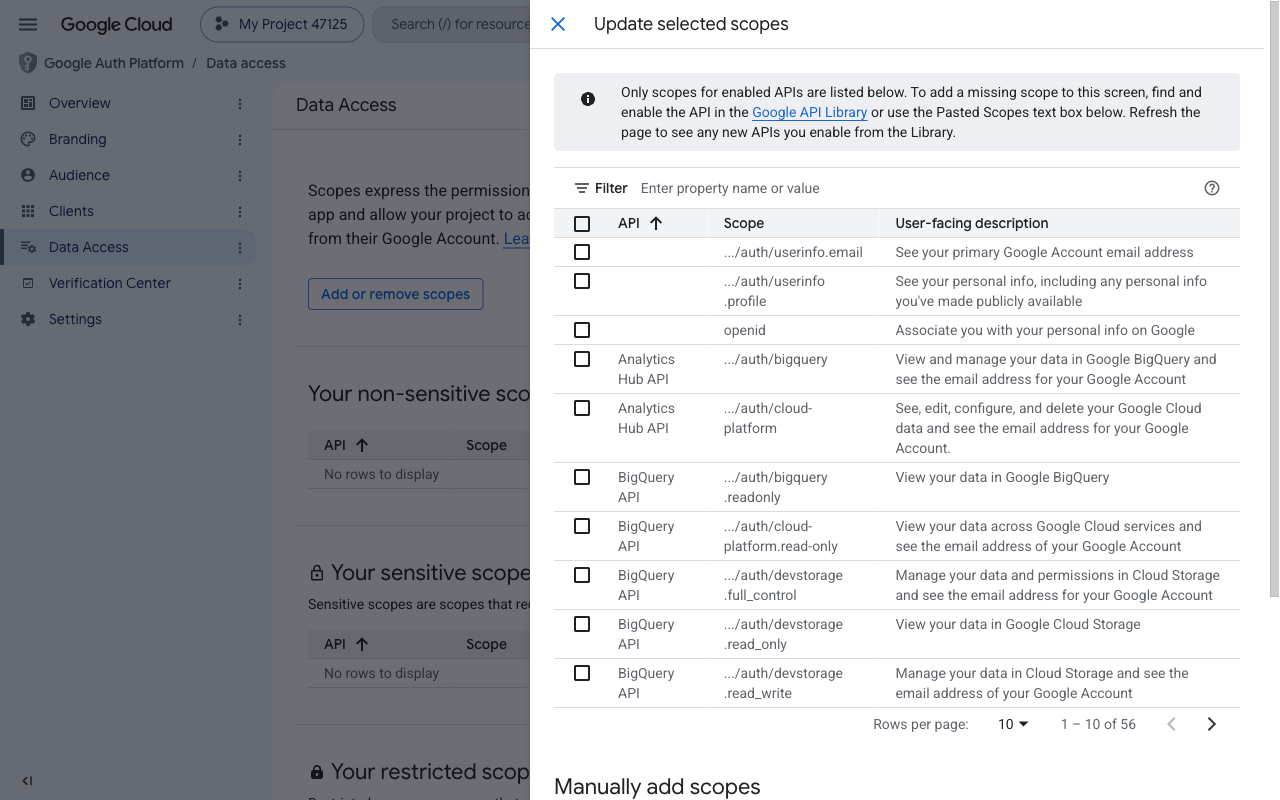Update selected scopes panel showing the scope selection table