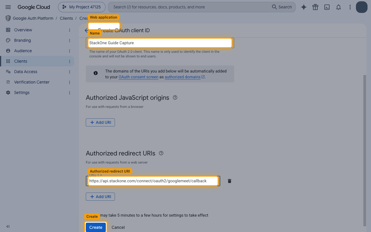 Create OAuth client ID form with Web application selected, a name, the StackOne redirect URI, and the Create button highlighted