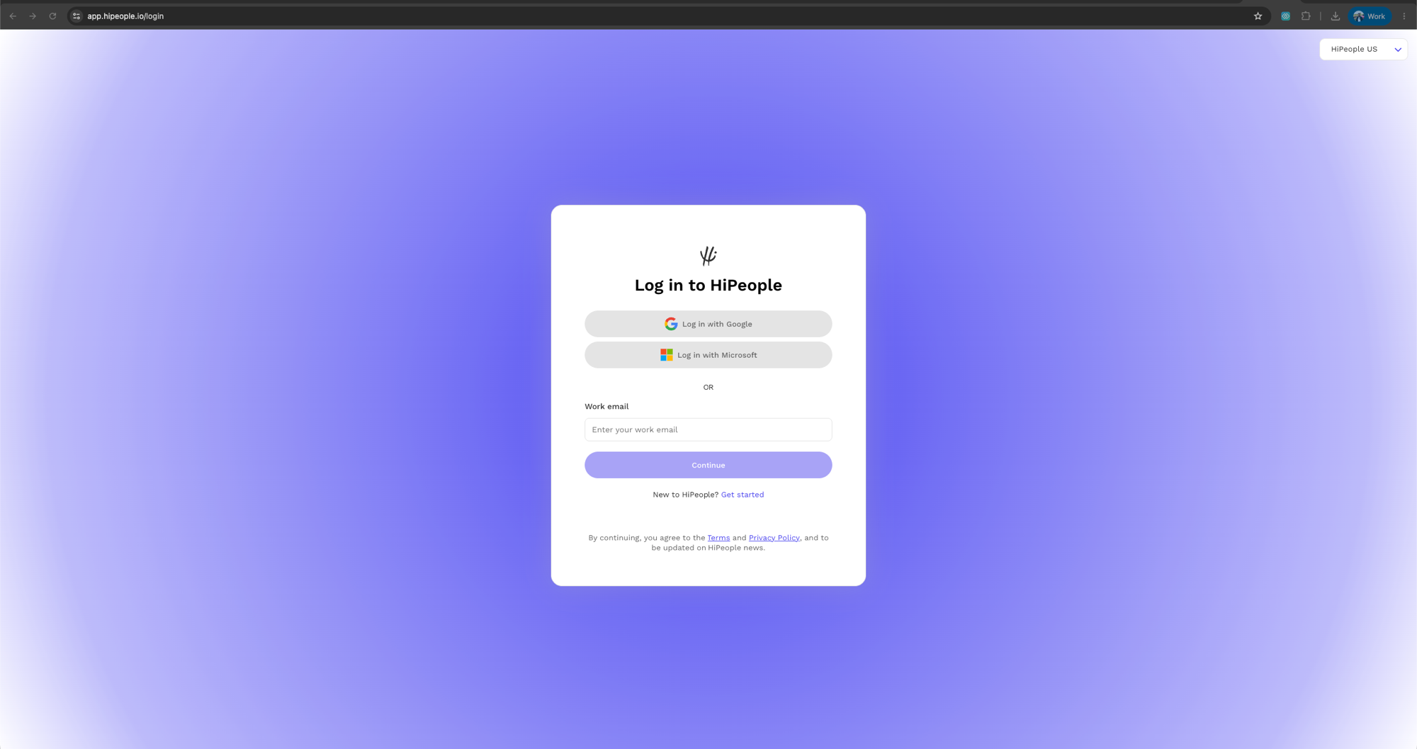 The HiPeople login page with the region dropdown in the top-right corner set to HiPeople US
