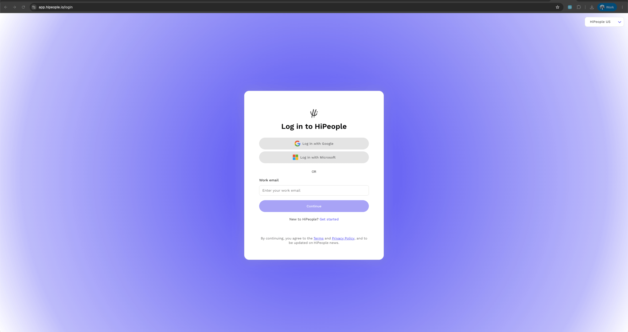 The HiPeople login page with the region dropdown in the top-right corner set to HiPeople US