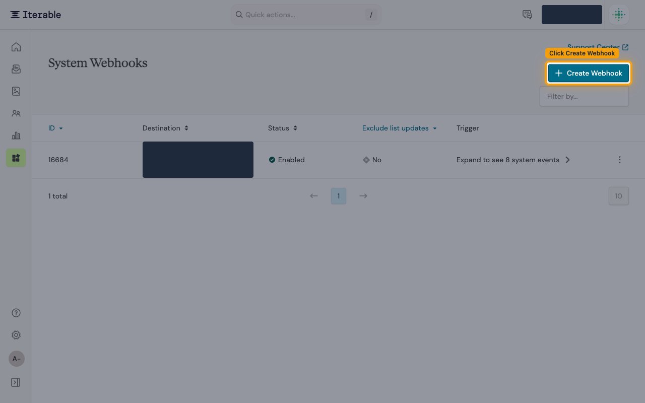 The System Webhooks page with the Create Webhook button highlighted