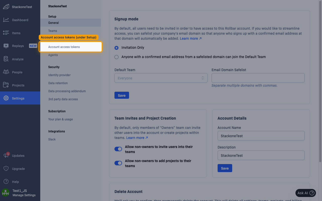 Settings sidebar with Account access tokens highlighted under the Setup section