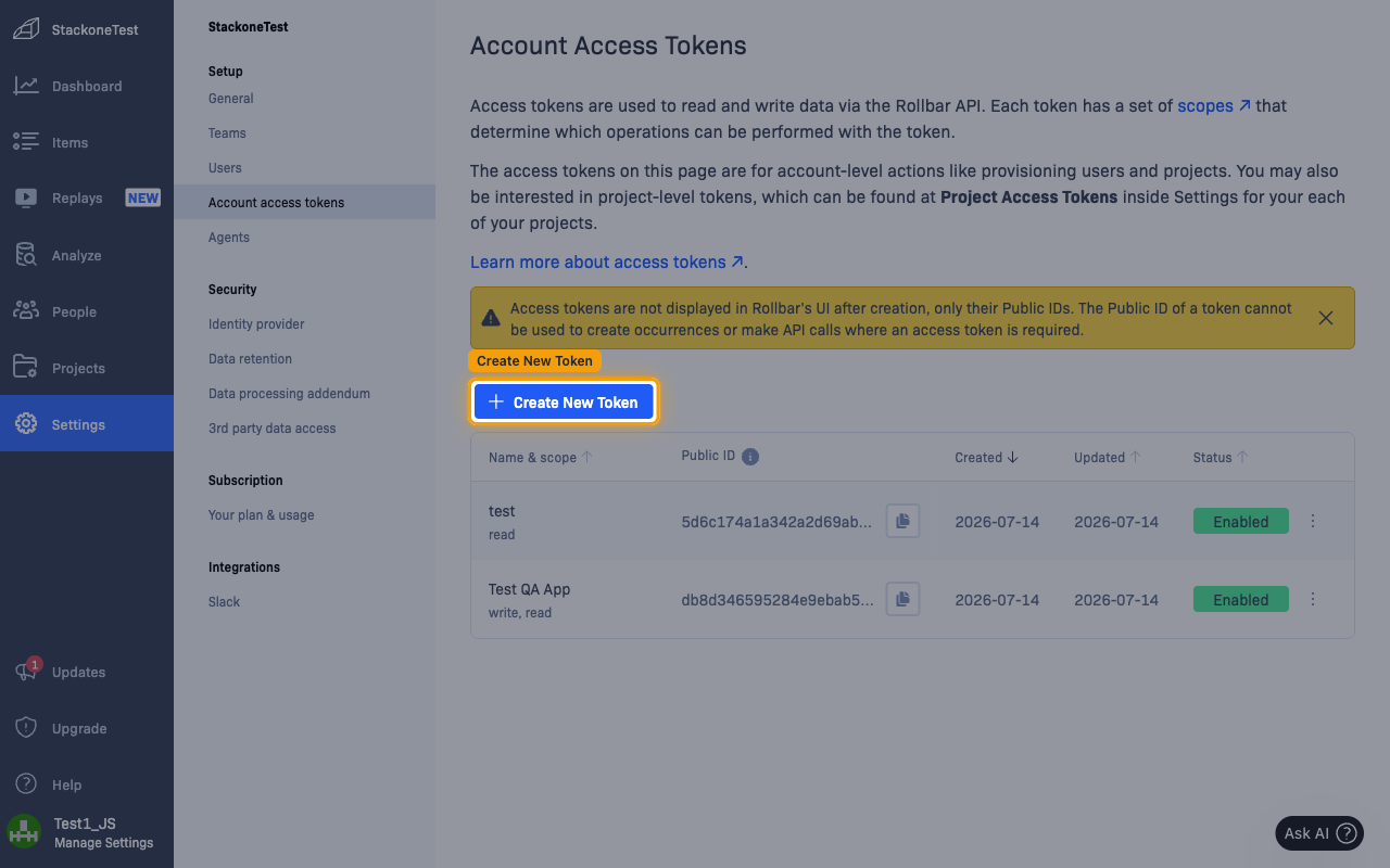 Account Access Tokens page with the Create New Token button highlighted