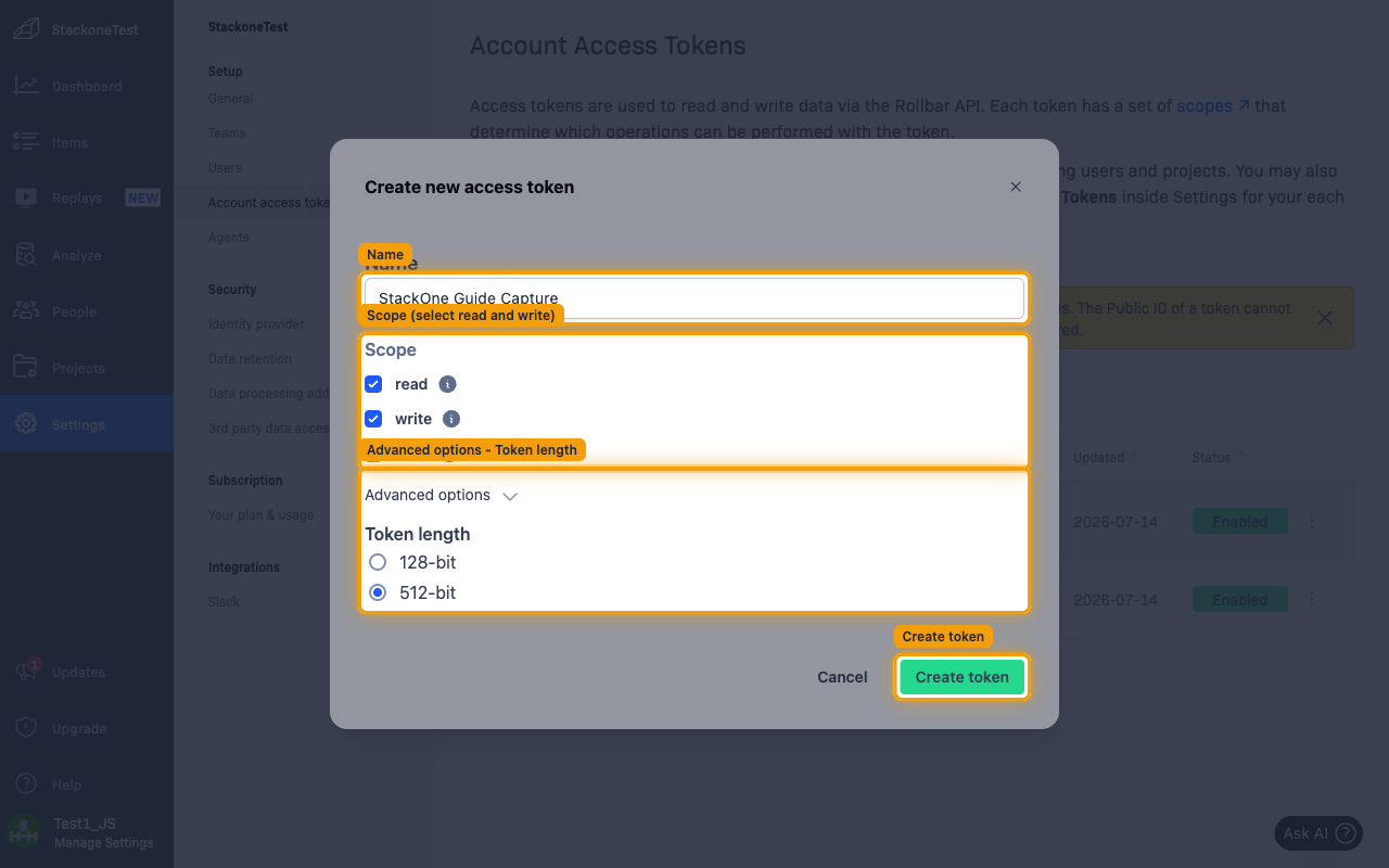 Create new access token dialog showing the Name field, Scope checkboxes, Advanced options Token length, and the Create token button