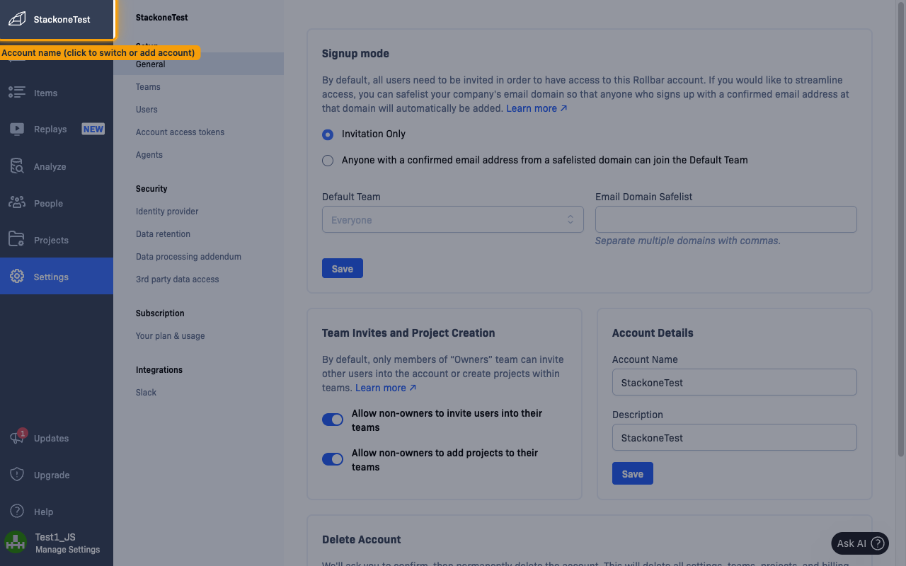 Rollbar dashboard with the account name selector highlighted in the top-left corner