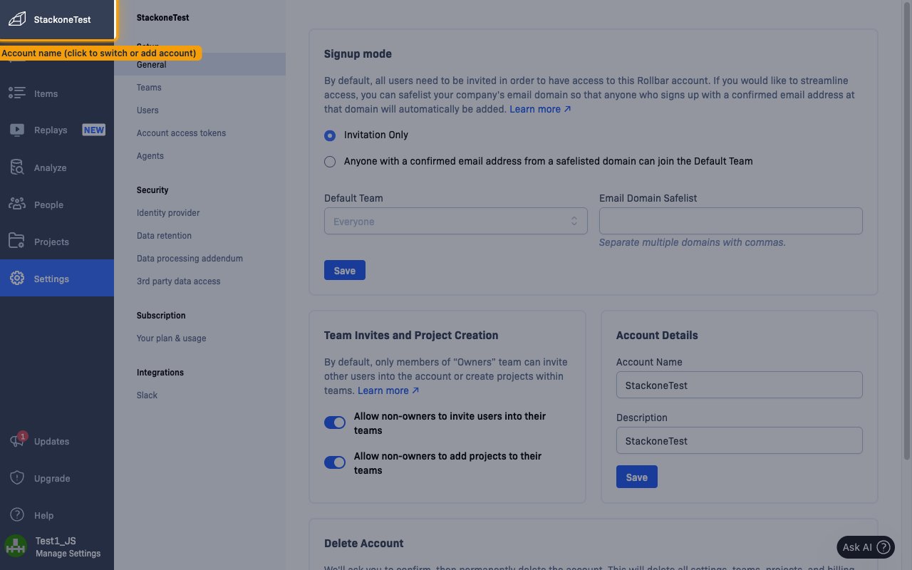 Rollbar dashboard with the account name selector highlighted in the top-left corner