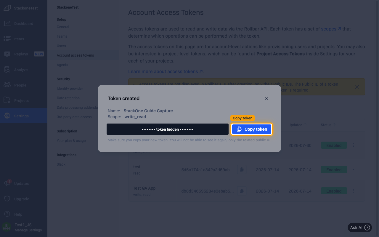 Token created dialog with the token value redacted and the Copy token button highlighted