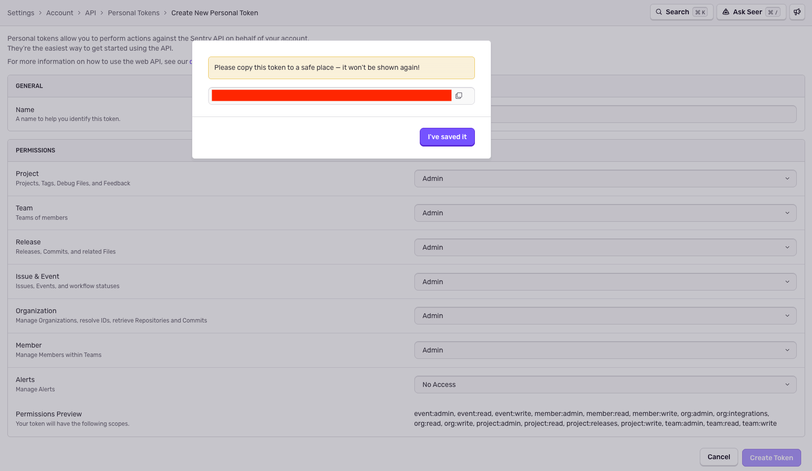 Copy the generated token