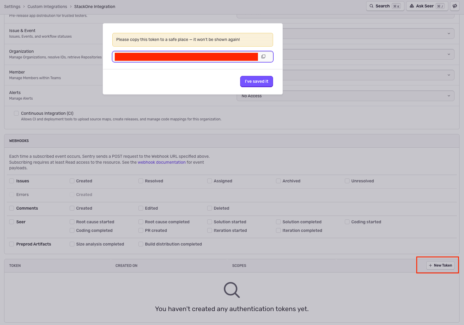 Copy the generated token