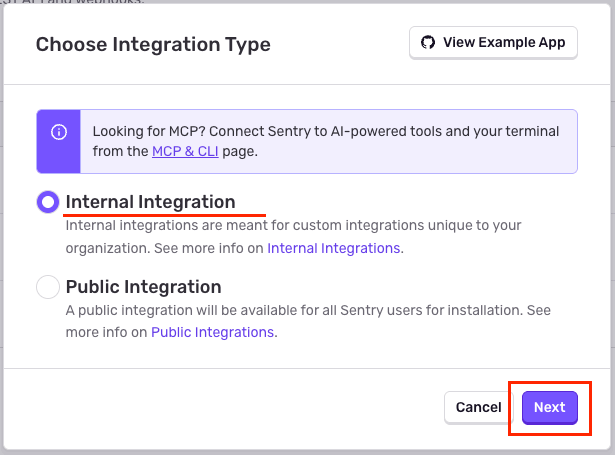 Select internal integration type