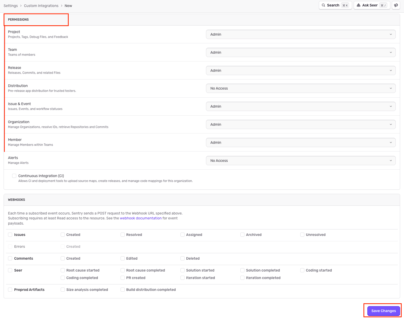 Select required scopes for the integration