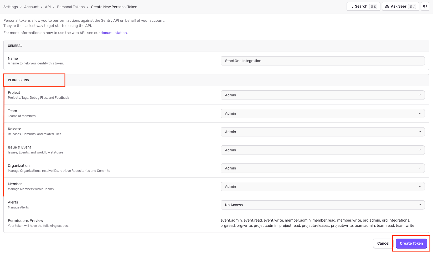 Select required scopes for the token