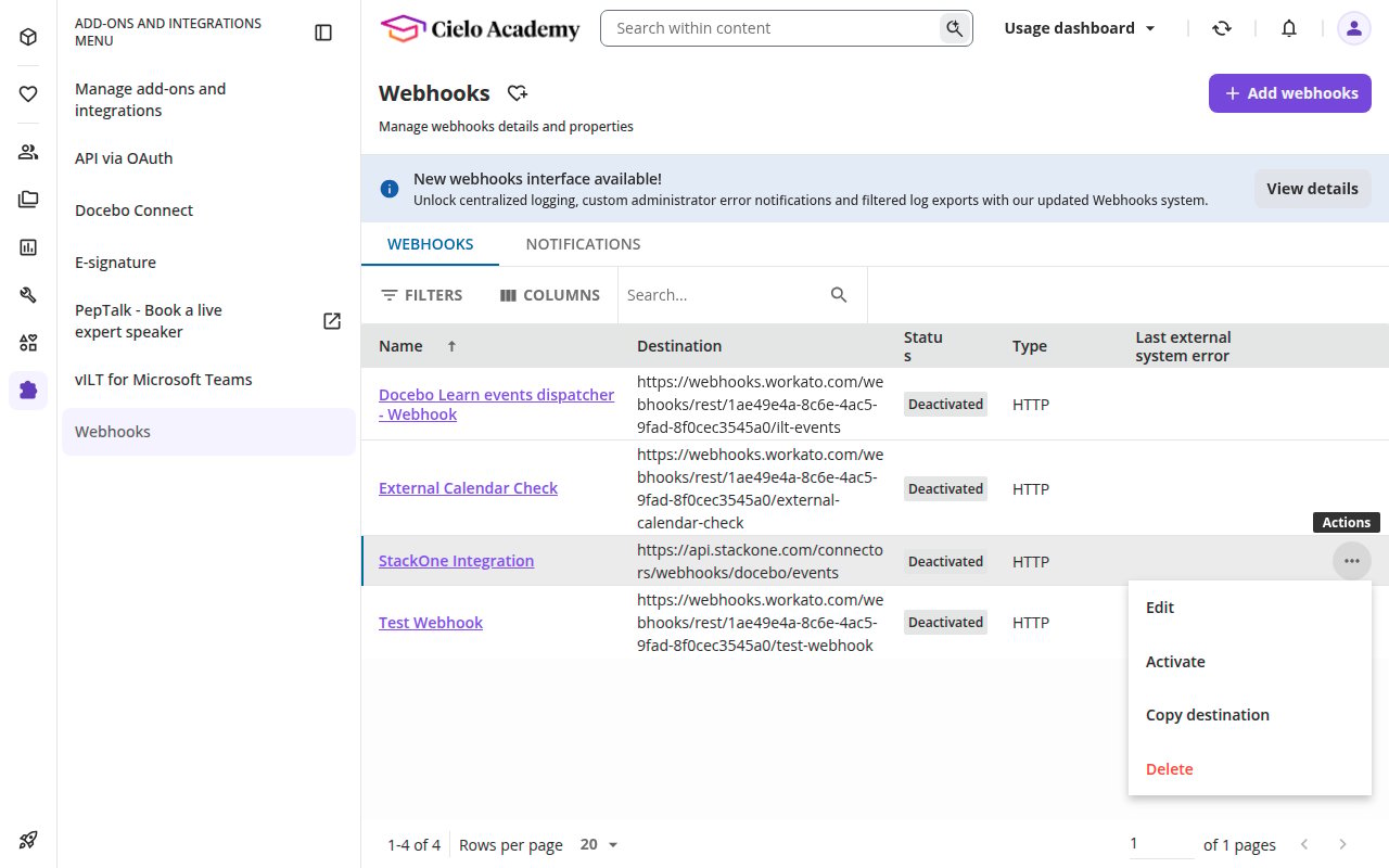 The Actions menu for a webhook showing Edit, Activate, Copy destination and Delete options.