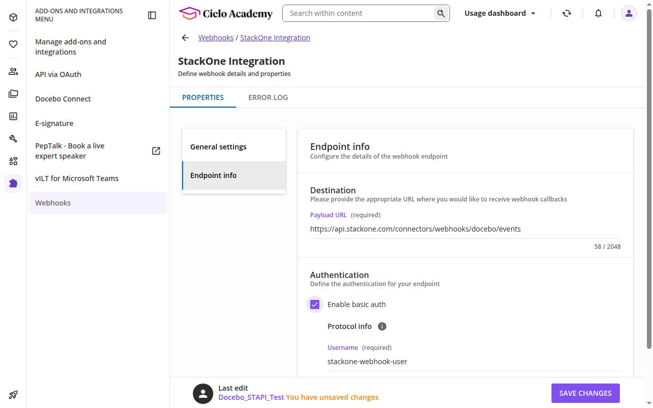 The Edit webhook Endpoint info tab with the Destination and Authentication sections.