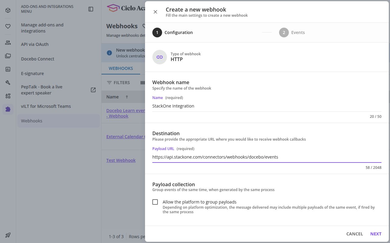 The Configuration step of the Create a new webhook wizard with the Name and Payload URL fields.