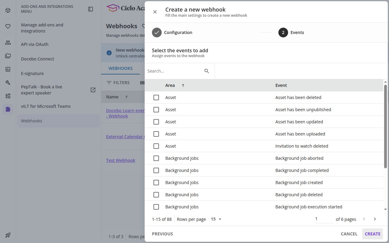 The Events step showing the Area and Event table with checkboxes and a search box.