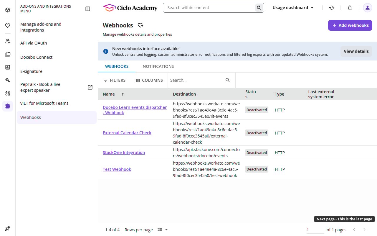 The webhooks list showing the newly created webhook with a Deactivated status.
