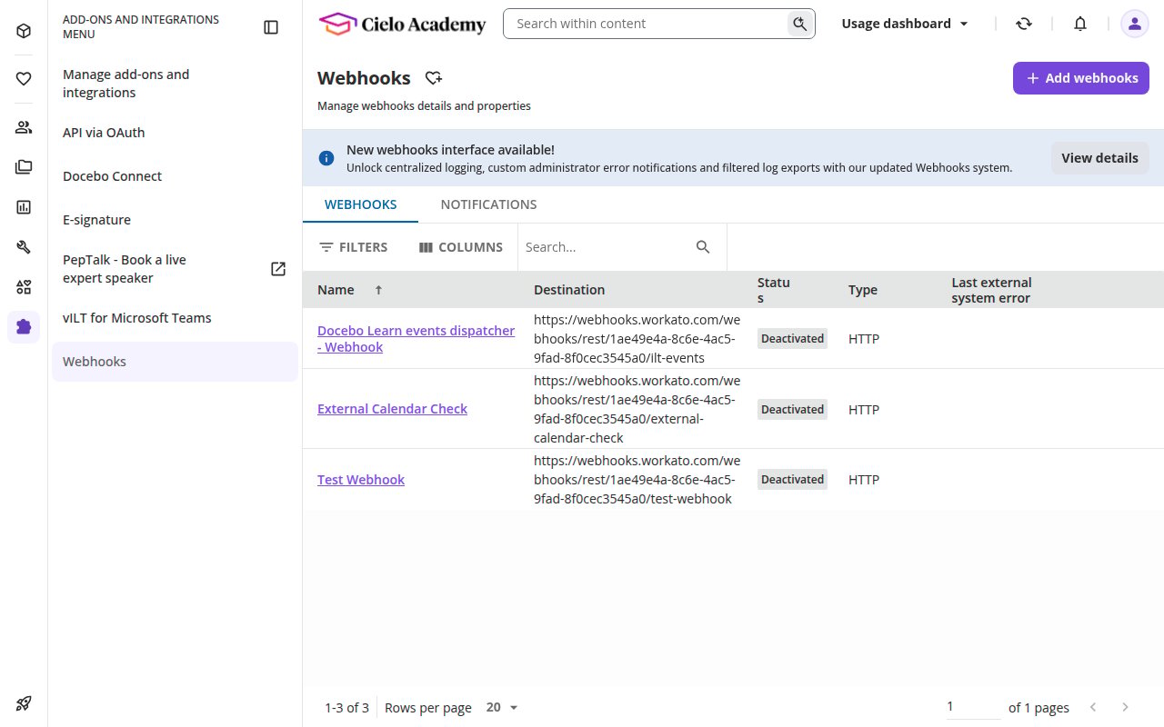 The Add-ons and integrations menu with Webhooks selected, showing the webhooks list and the Add webhooks button.