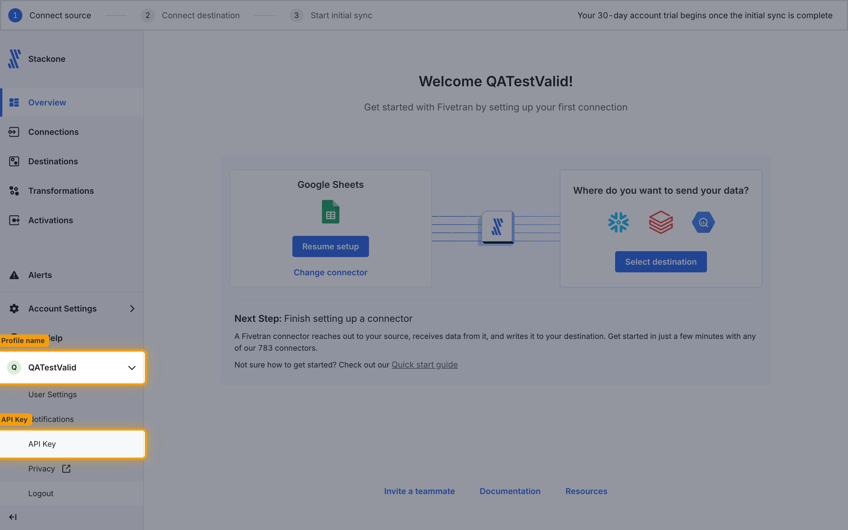 Fivetran dashboard with the profile menu open in the bottom left of the sidebar, showing the API Key entry below User Settings and Notifications.