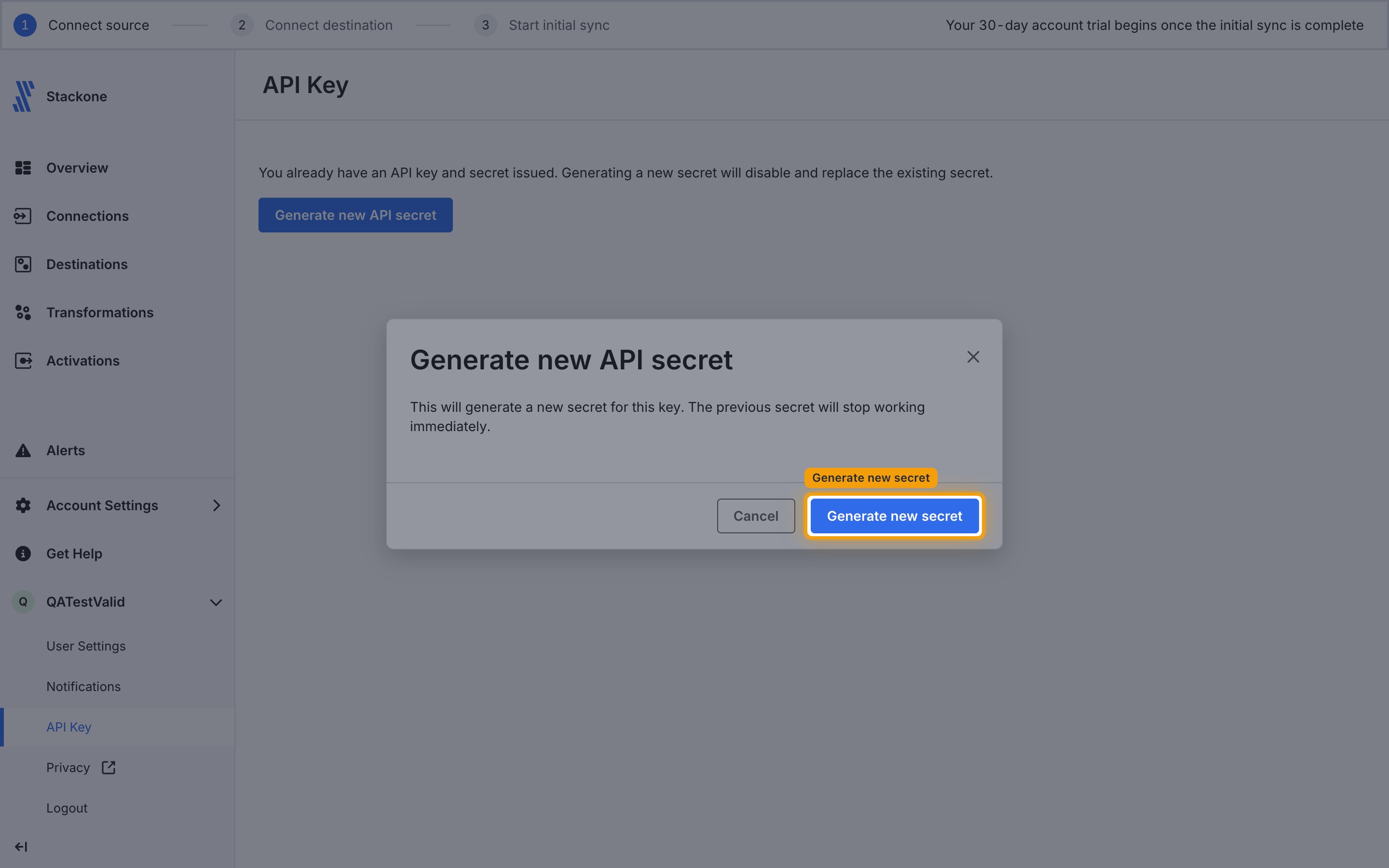 Generate new API secret confirmation dialog warning that the previous secret will stop working immediately, with Cancel and Generate new secret buttons.