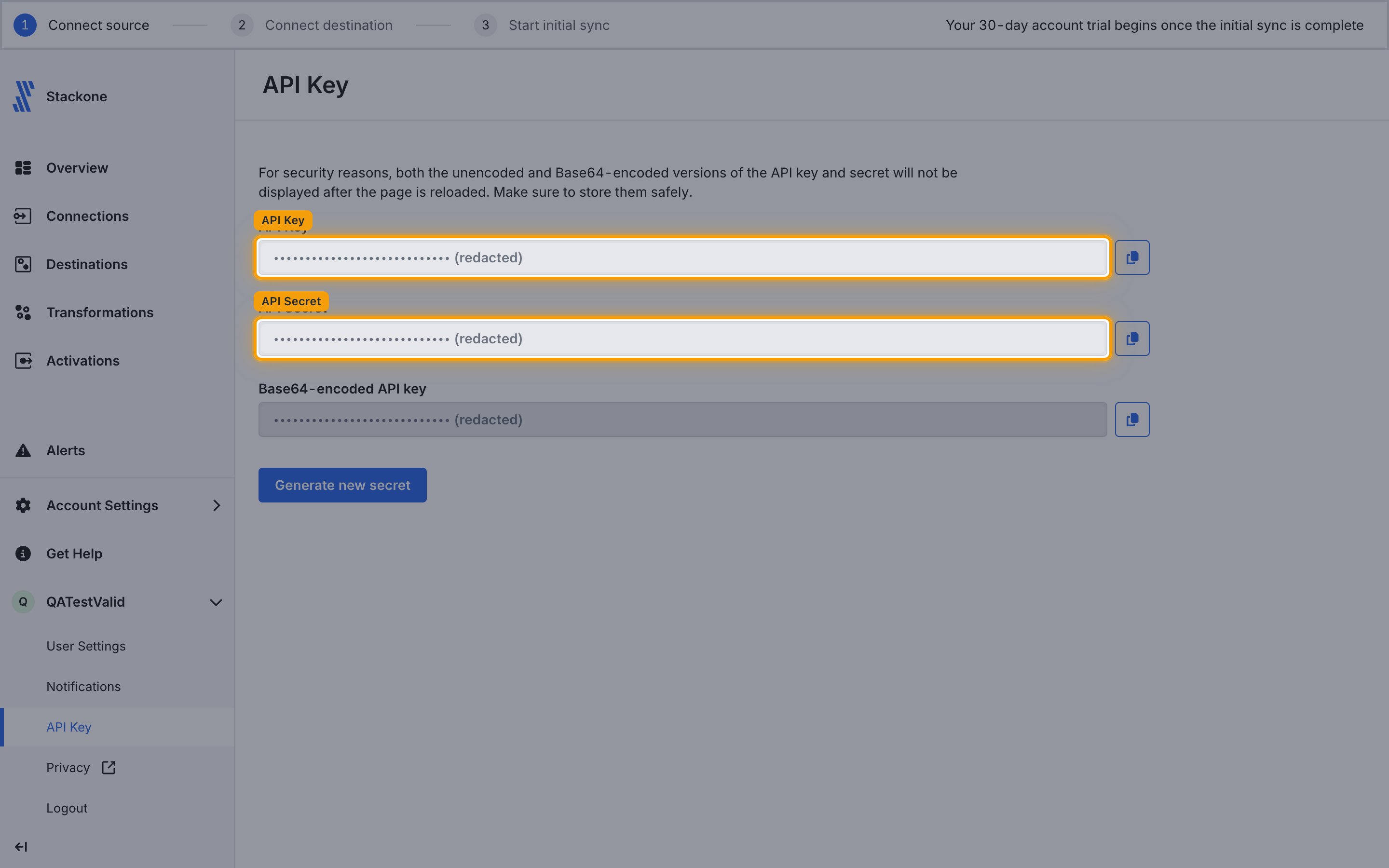 Fivetran API Key page showing the generated API Key, API Secret and Base64-encoded API key fields (all redacted), each with a copy button alongside.