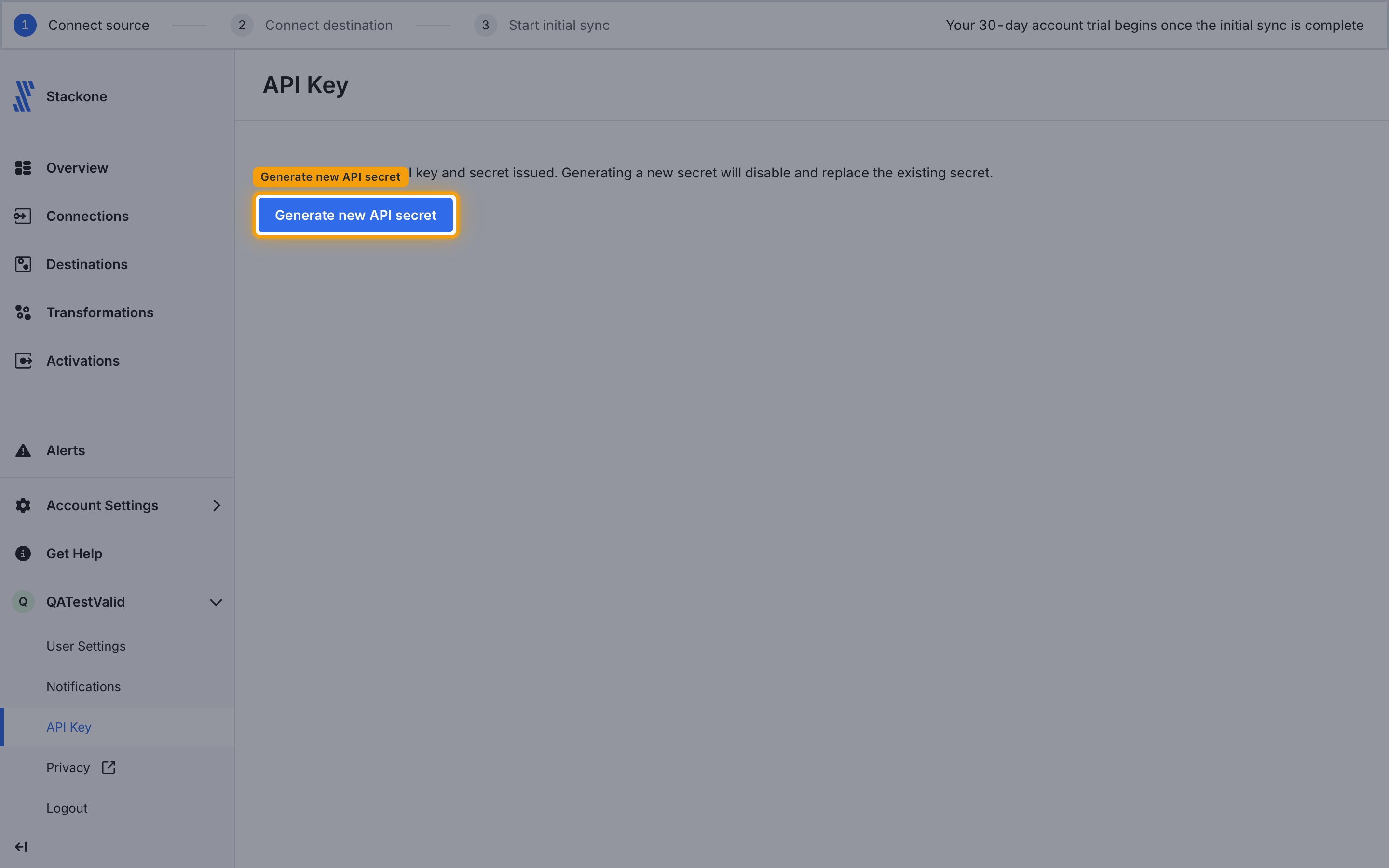 Fivetran API Key page with the Generate new API secret button below a note that generating a new secret disables and replaces the existing secret.