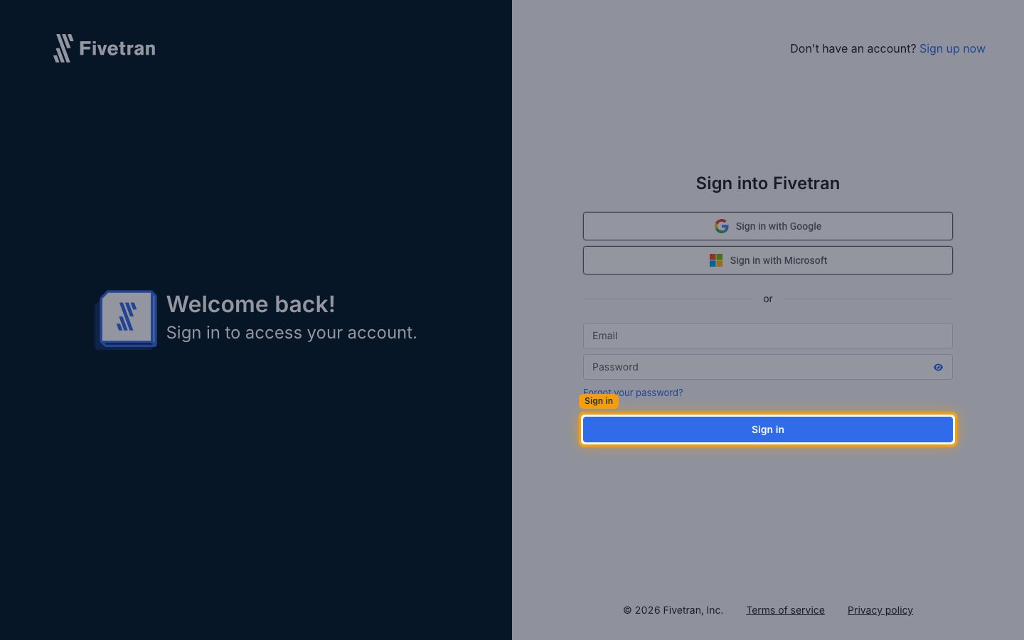 Fivetran "Sign into Fivetran" page with the Email and Password fields, the Sign in with Google and Sign in with Microsoft options, and the Sign in button.