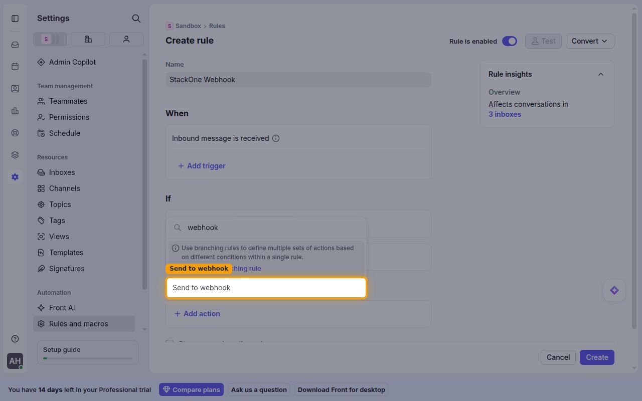 The action picker with the Send to webhook action highlighted
