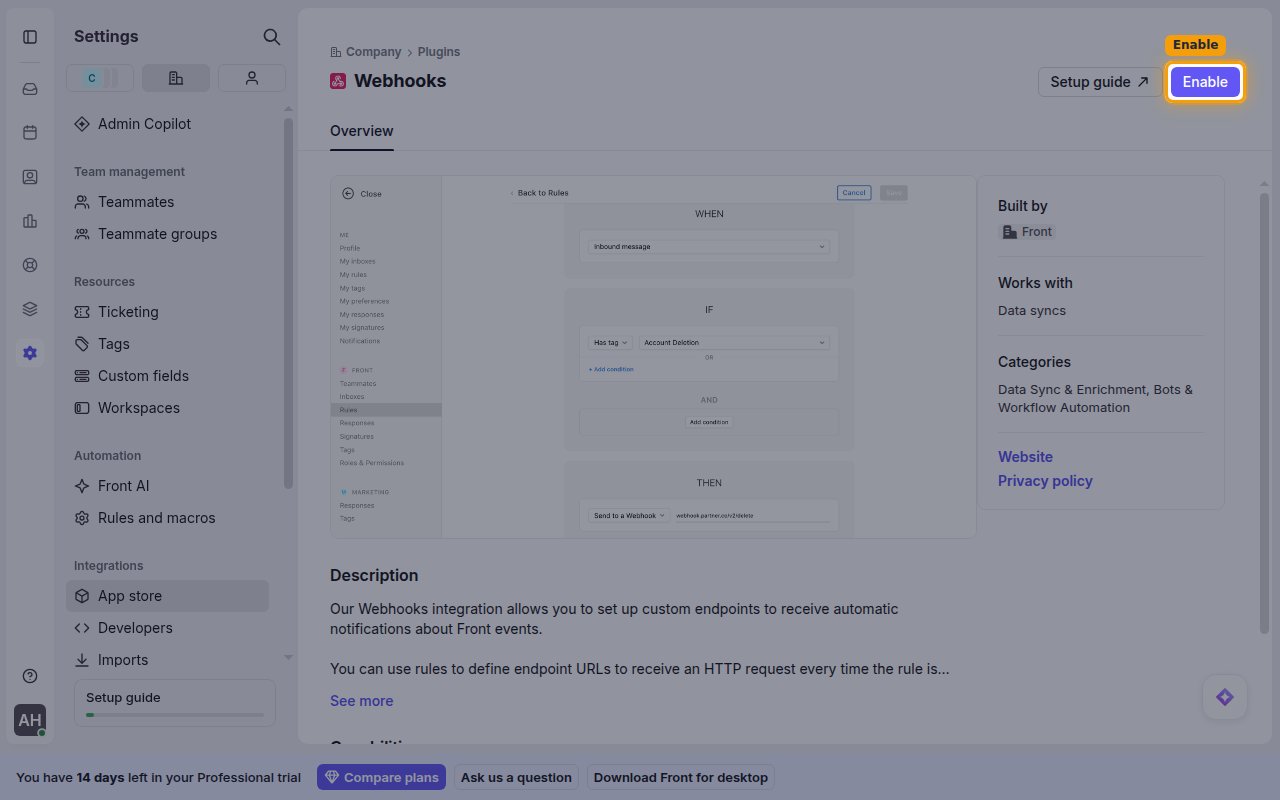 The Front Webhooks app overview page with the Enable button highlighted