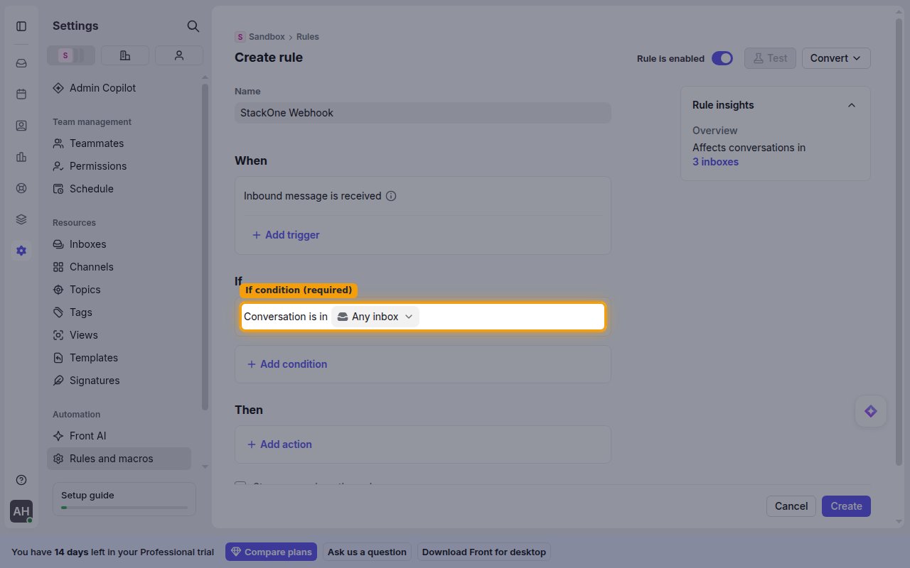 The rule builder If section with Conversation is in Any inbox highlighted