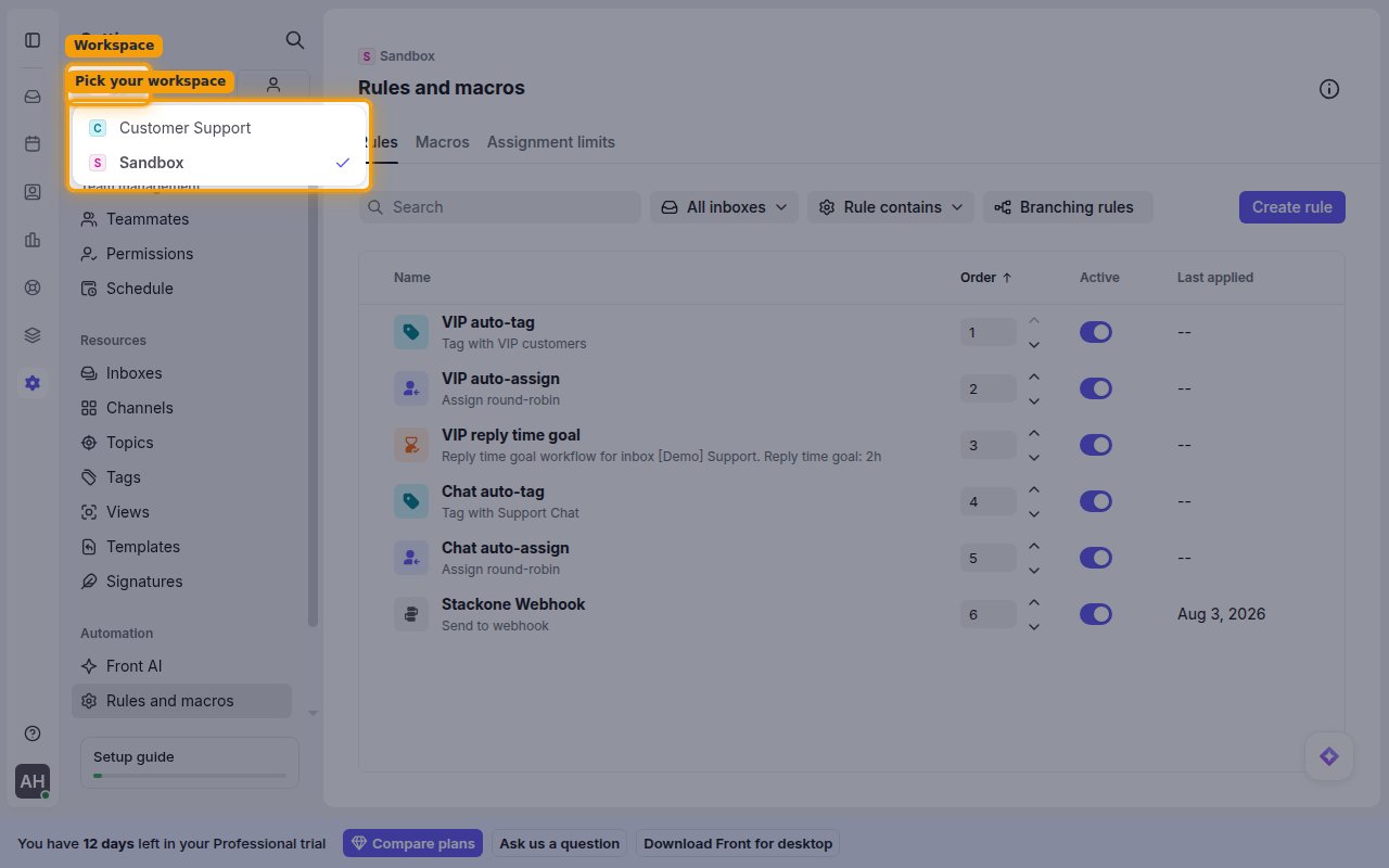 The Workspace switcher open with the list of workspaces to pick from