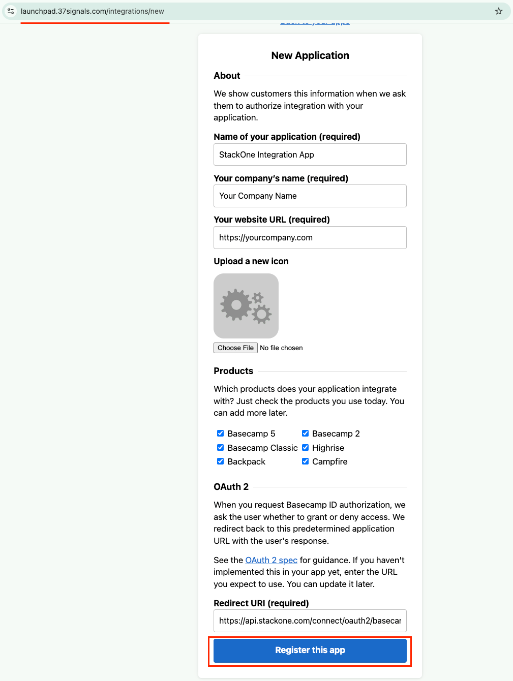 37signals Launchpad Application Registration Form