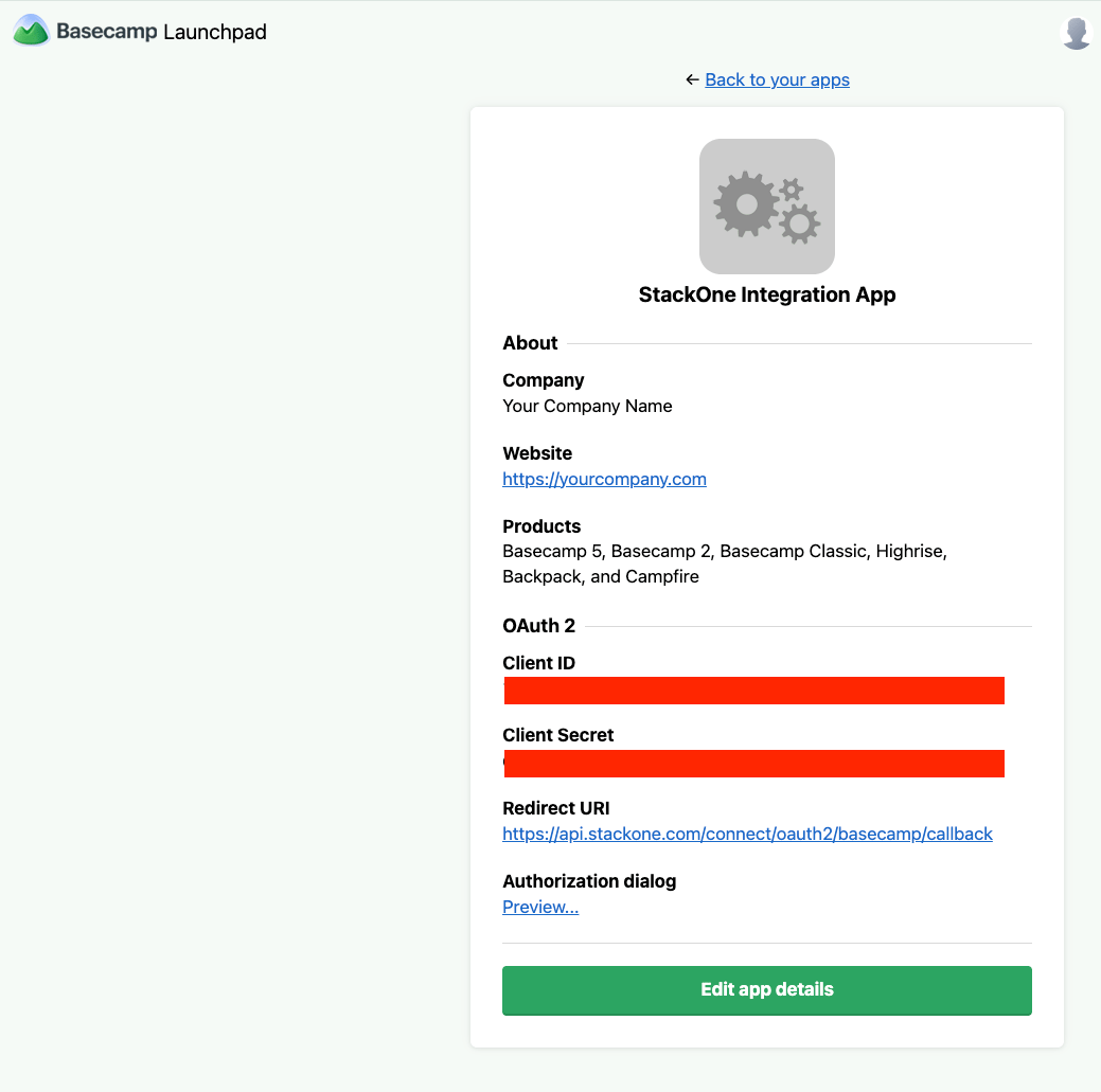 37signals Launchpad Application Credentials Page