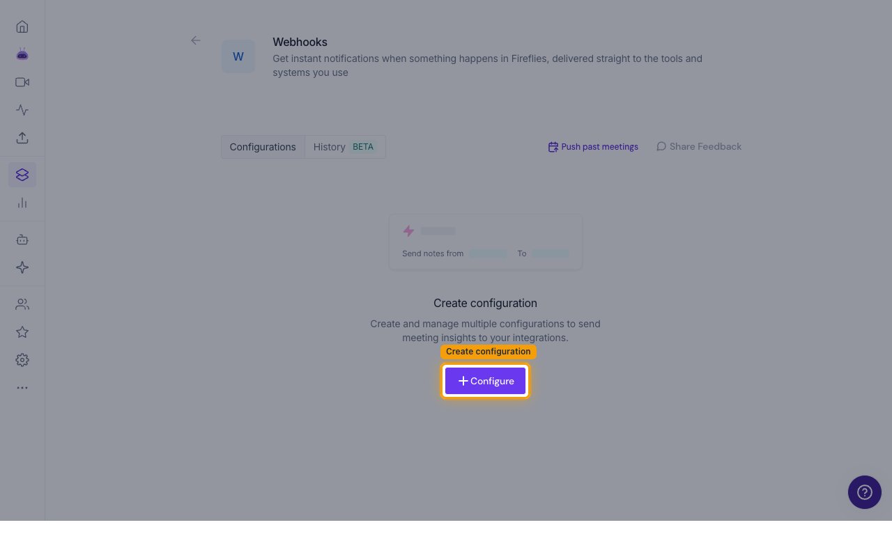 Fireflies Webhooks integration page with the Configure button highlighted