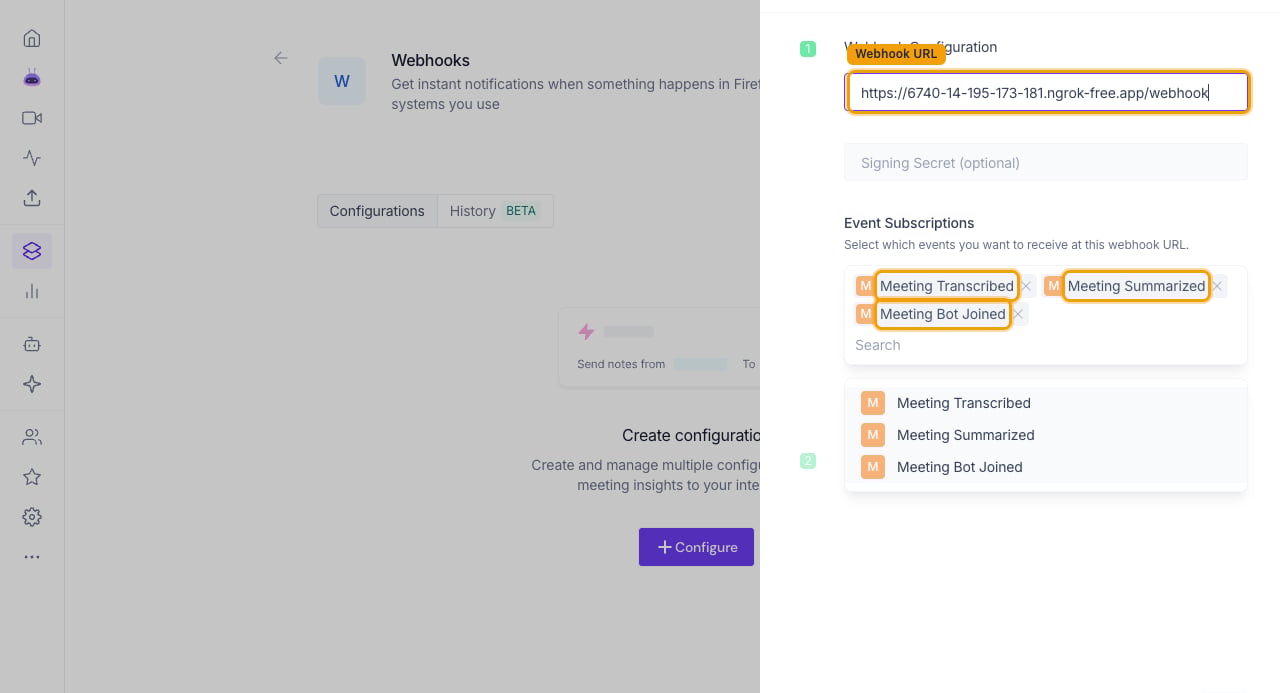 Webhook Configuration panel with the Webhook URL filled and the Meeting Transcribed, Meeting Summarized and Meeting Bot Joined events selected