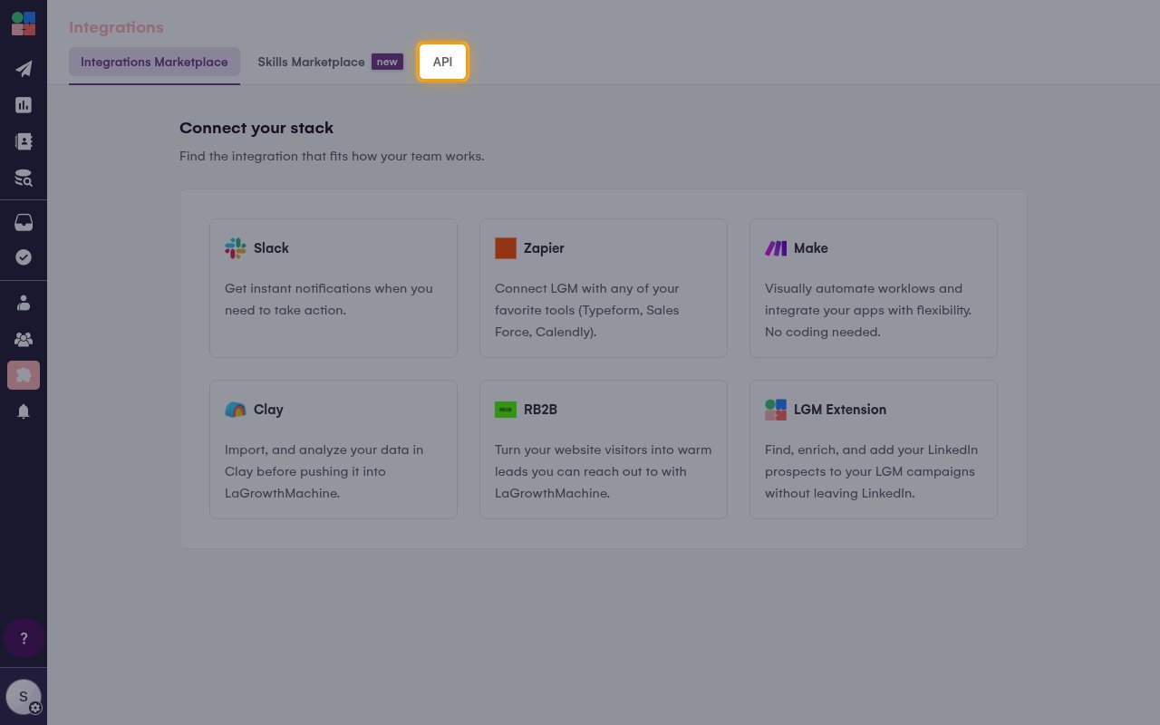The Integrations page with the API tab highlighted