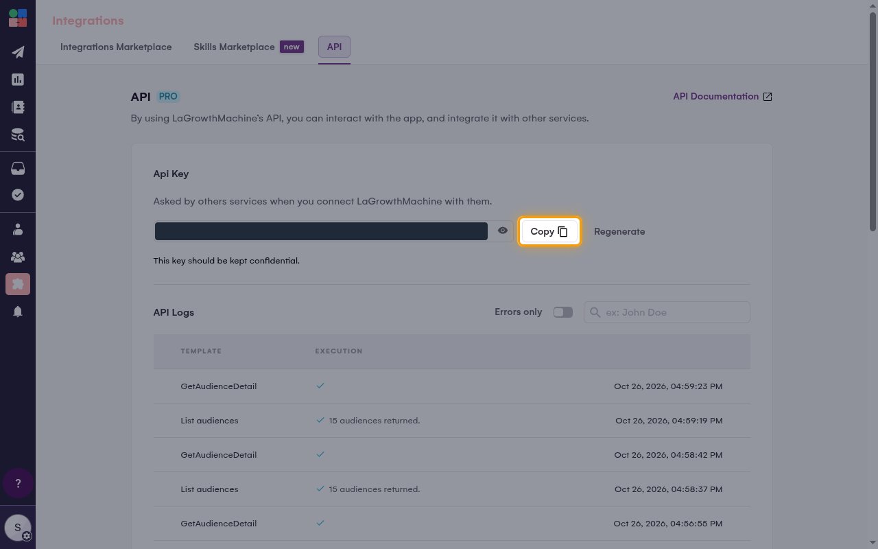 The API tab showing the Api Key section with the Copy button highlighted and the key value hidden