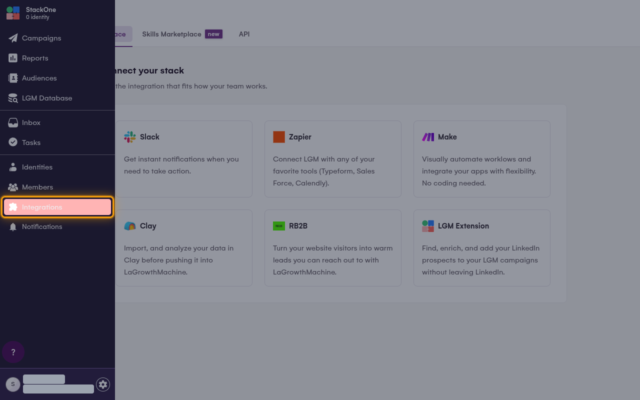 The La Growth Machine sidebar with the Integrations item highlighted