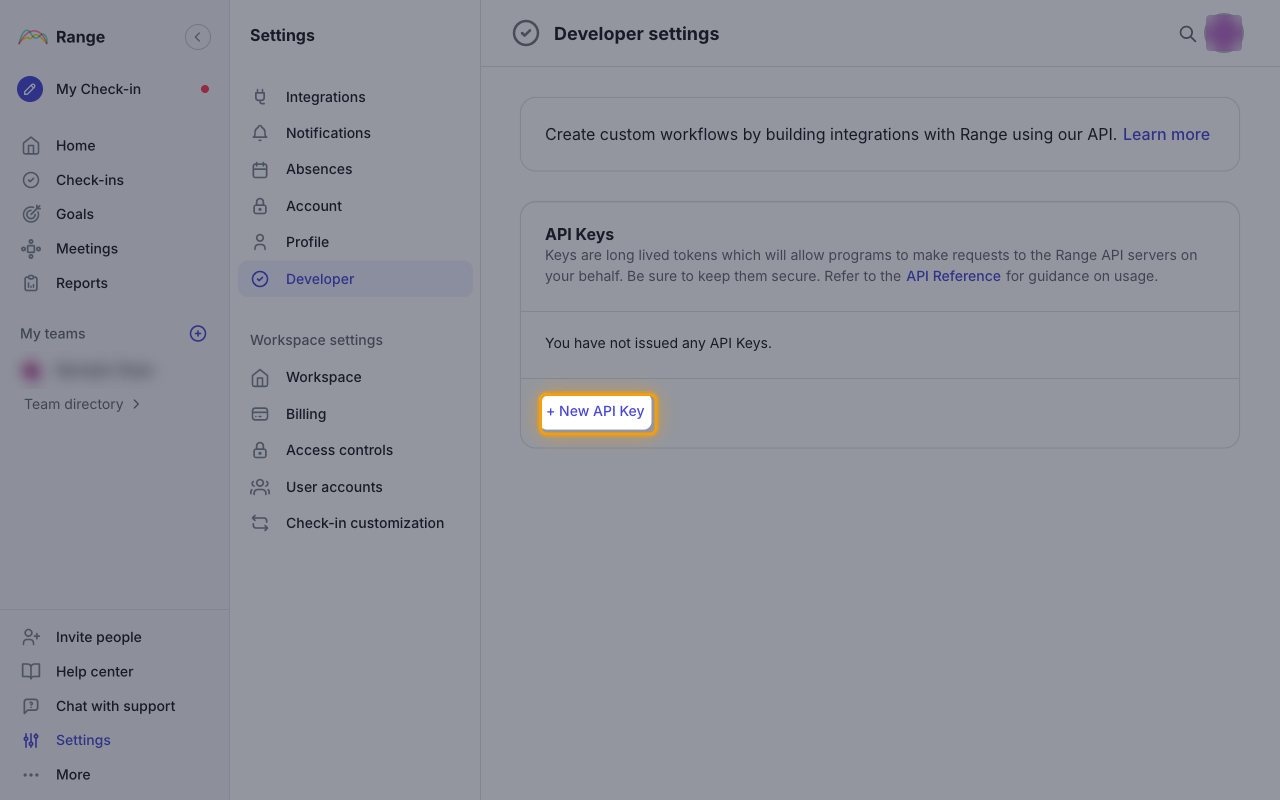 Developer settings page with the + New API Key button highlighted in the API Keys section