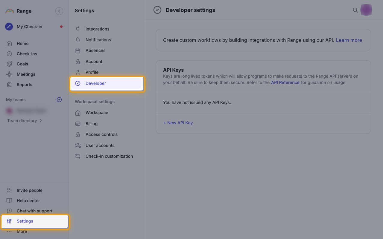 Range Settings page with the Settings link in the sidebar and the Developer tab highlighted