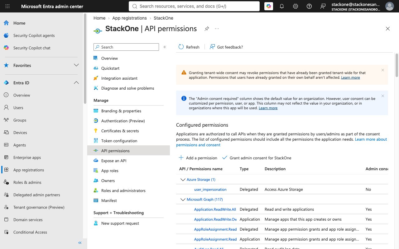 API permissions page showing Configured permissions with Add a permission and Grant admin consent buttons.
