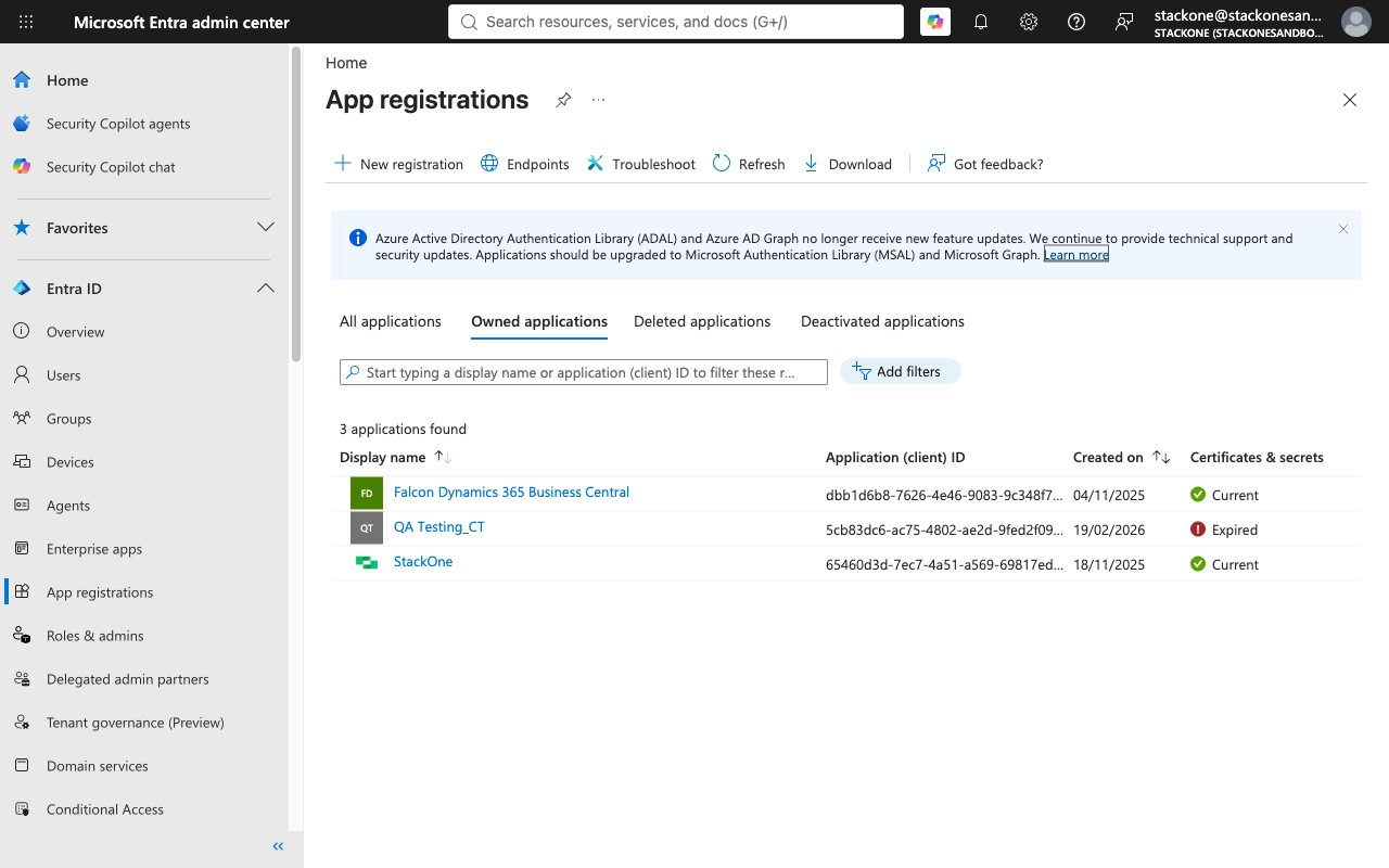 Microsoft Entra admin center App registrations page showing the New registration button in the toolbar and a list of existing registered applications.