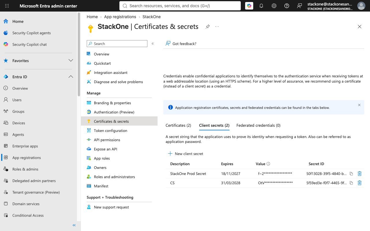 Certificates & secrets page showing Client secrets tab with New client secret button and existing secrets listed with Description, Expires, Value, and Secret ID columns.