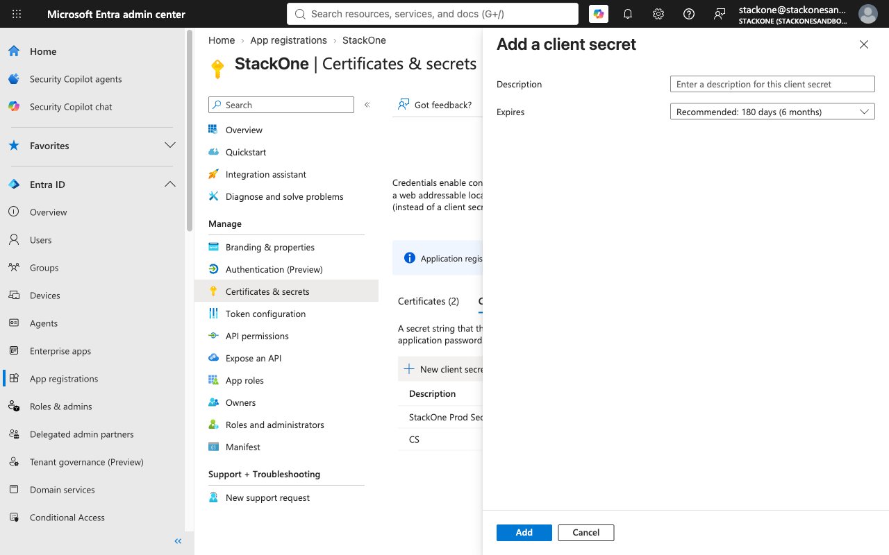 Add a client secret dialog with Description text field and Expires dropdown defaulting to Recommended 180 days (6 months), plus Add and Cancel buttons.