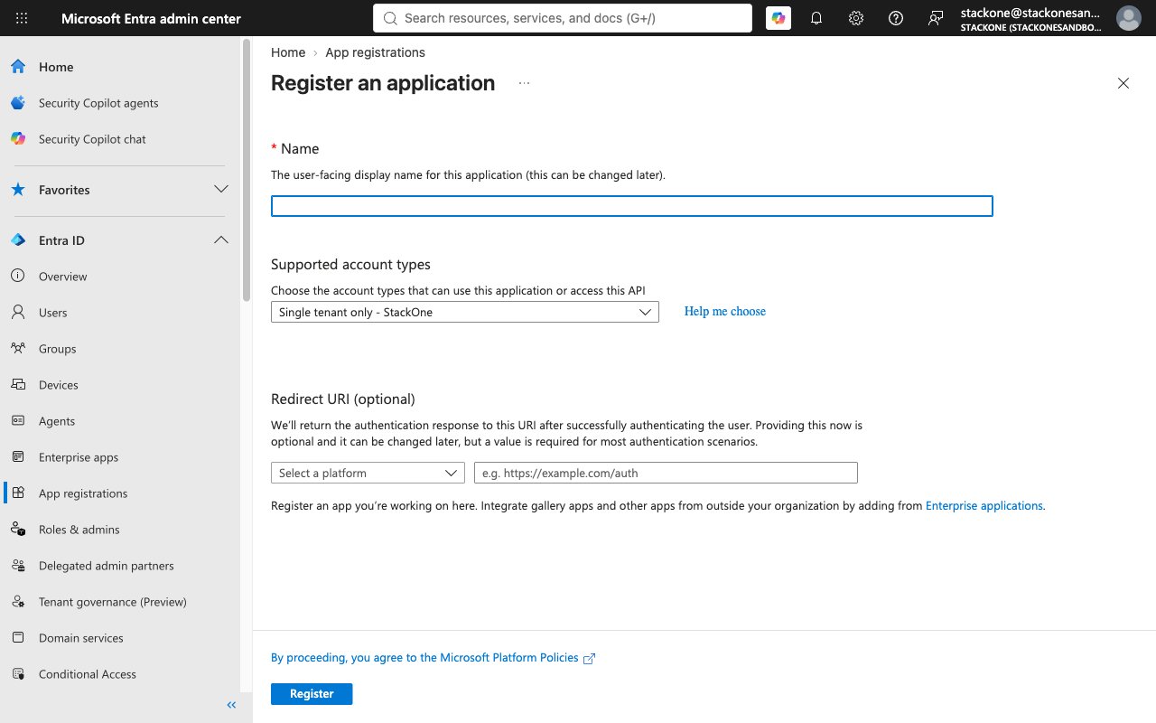 Register an application form with Name field, Supported account types dropdown, optional Redirect URI section, and Register button.