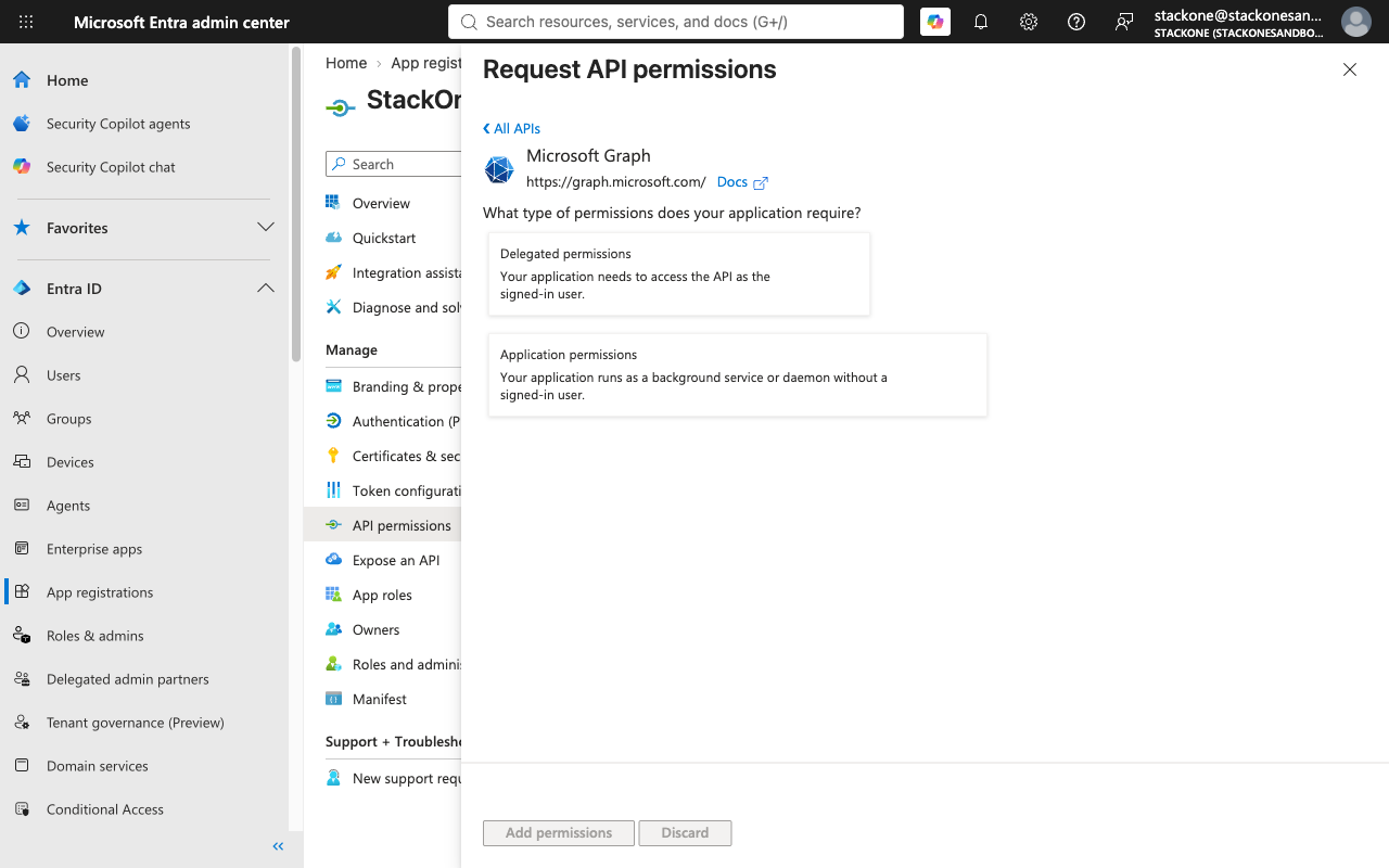 Request API permissions panel asking what type of permissions the application requires, with Delegated permissions and Application permissions options.